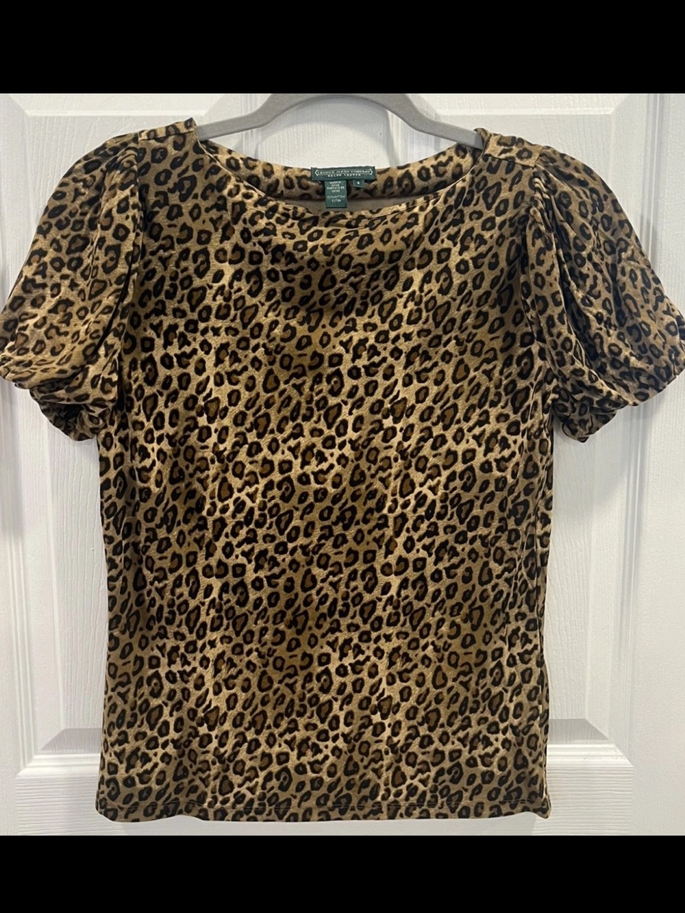 Lauren Jeans Co. Ralph Lauren Leopard Print Puff Sleeve Women's S Stretch Knit